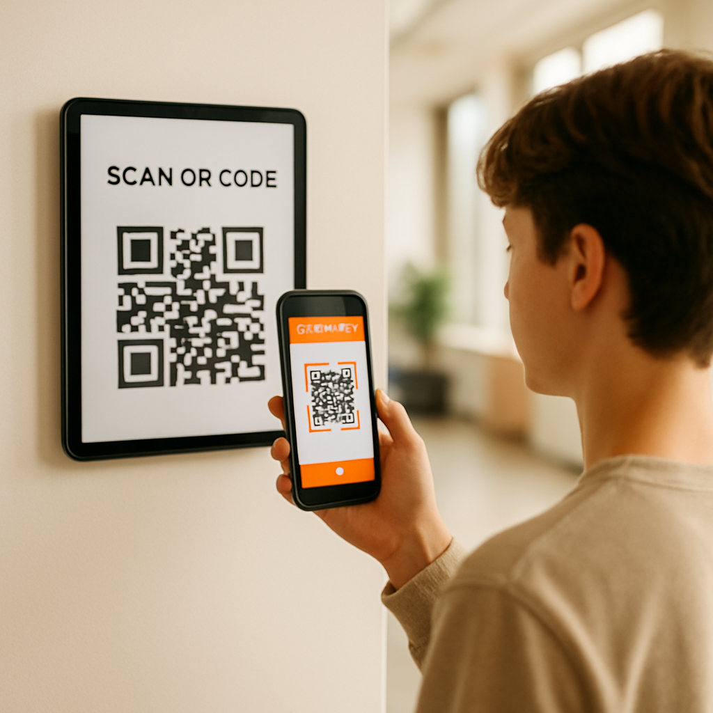 An attendee scanning a QR code with their phone to mark attendance